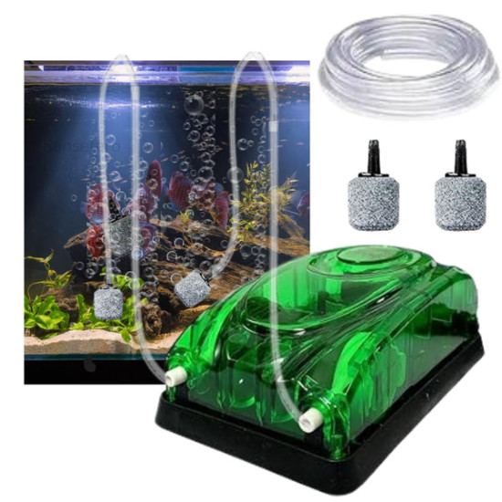 Aquarium Silent Air Pump 2-Way with 2 Metre Air Tube & 2 Air Stones