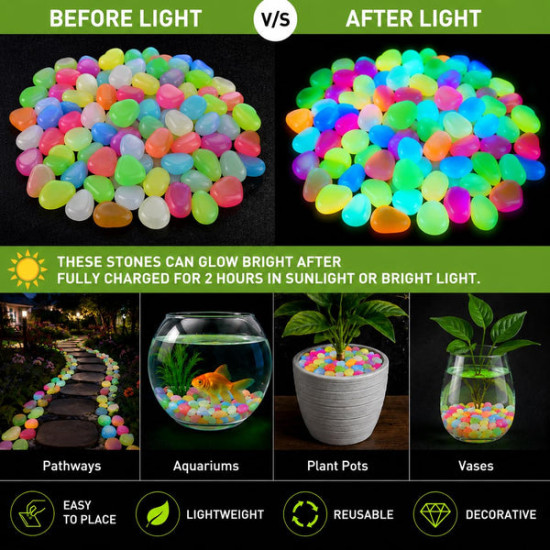 Glow in the Dark Stones – 100 Pcs Rainbow Aquarium Pebbles