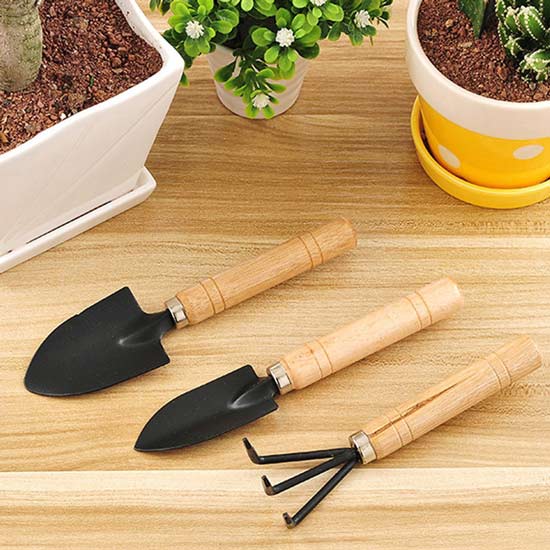 Wooden Handle Small Sharp Shovel Rake Mini Garden Tool Set (3 Piece Set) 